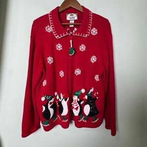 Vintage 80s 90s Ugly‎ Christmas Cardigan Sweater Beaded Penguin Embroidered XL